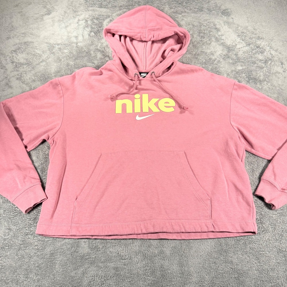 Nike Womens Sportswear Hoodie Pink Yellow Logo Pullover Sweatshirt S Small
